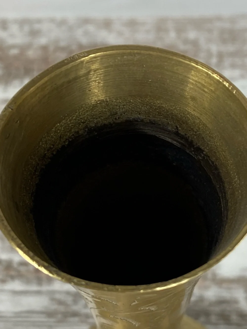 Vintage Brass Vase Etched Floral Mid Century Boho India 8.25”